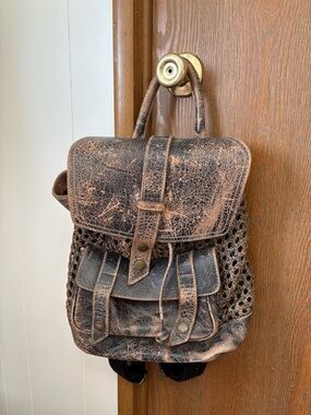 Bed Stu Distressed Brown and Tan Leather Woven Backpack